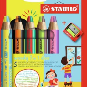Stabilo Woddy 3 en 1 Duo Pack de 5 Lapices de Colores + Sacapuntas - Mina 2 Colores XXL 10mm - Lapiz de Color, Cera  Acuarela, Todo en Uno - Colores Surtidos