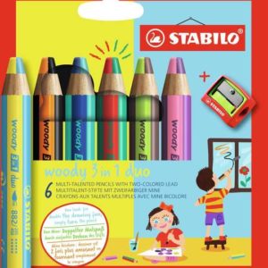 Stabilo Woddy 3 en 1 Duo Pack de 6 Lapices de Colores + Sacapuntas - Mina 2 Colores XXL 10mm - Lapiz de Color, Cera  Acuarela, Todo en Uno - Colores Surtidos
