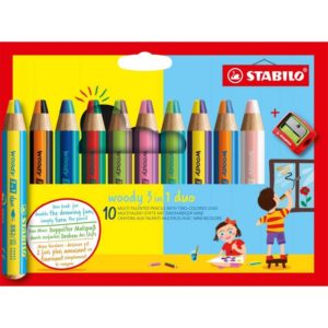 Stabilo Woddy 3 en 1 Duo Pack de 10 Lapices de Colores + Sacapuntas - Mina 2 Colores XXL 10mm - Lapiz de Color, Cera  Acuarela, Todo en Uno - Colores Surtidos