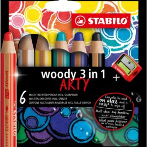 Stabilo Woddy 3 en 1 Arty Pack de 6 Lapices de Colores + Sacapuntas - Lapiz de Color, Cera y Acuarela, Todo en Uno - Mina XXL 10mm - Colores Surtidos