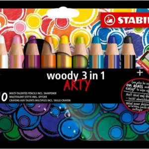 Stabilo Woddy 3 en 1 Arty Pack de 10 Lapices de Colores + Sacapuntas - Lapiz de Color, Cera y Acuarela, Todo en Uno - Mina XXL 10mm - Colores Surtidos