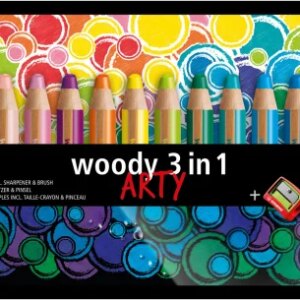 Stabilo Woddy 3 en 1 Arty Pack de 18 Lapices de Colores + Sacapuntas + Pincel - Lapiz de Color, Cera y Acuarela, Todo en Uno - Mina XXL 10mm - Colores Surtidos