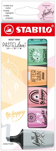 Stabilo Boss Mini Pastellove Pack de 6 Marcadores Fluorescentes - Trazo entre 2 y 5mm - Tinta con Base de Agua - Antisecado - Colores Rosa, Fucsia, Naranja, Verde, Gris, y Turquesa