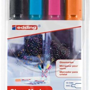 Edding 95 Pack de 4 Rotuladores de Tiza Liquida - Punta Redonda - Trazo 1.5-3mm - Colores Negro, Naranja, Rosa y Azul