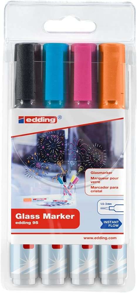 Edding 95 Pack de 4 Rotuladores de Tiza Liquida - Punta Redonda - Trazo 1.5-3mm - Colores Negro, Naranja, Rosa y Azul
