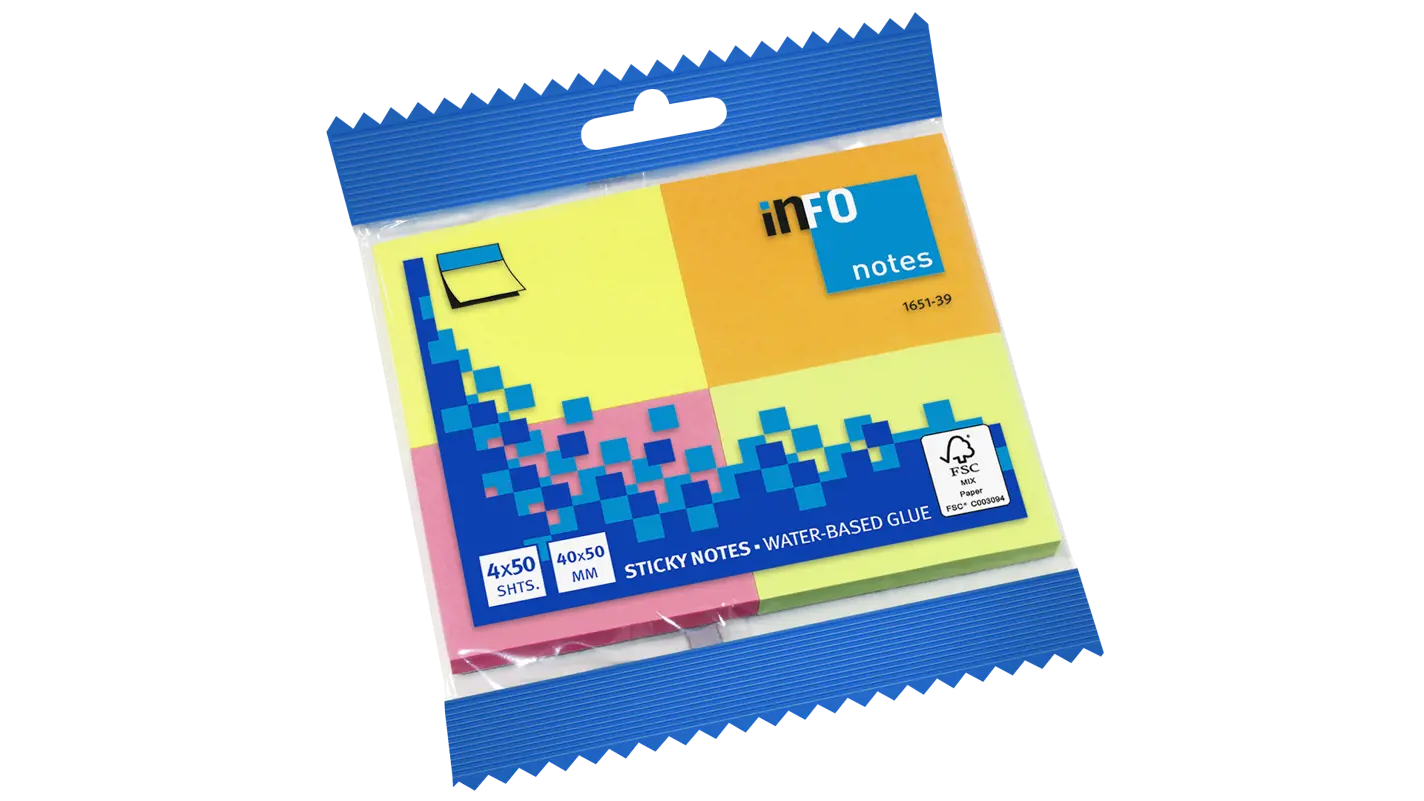 Global Notes inFO Brillant Pack de 4 Blocs de 50 Notas Adhesivas 50 x 40mm - Certificacion FSC? - Colores Amarillo, Naranja, Rosa y Verde