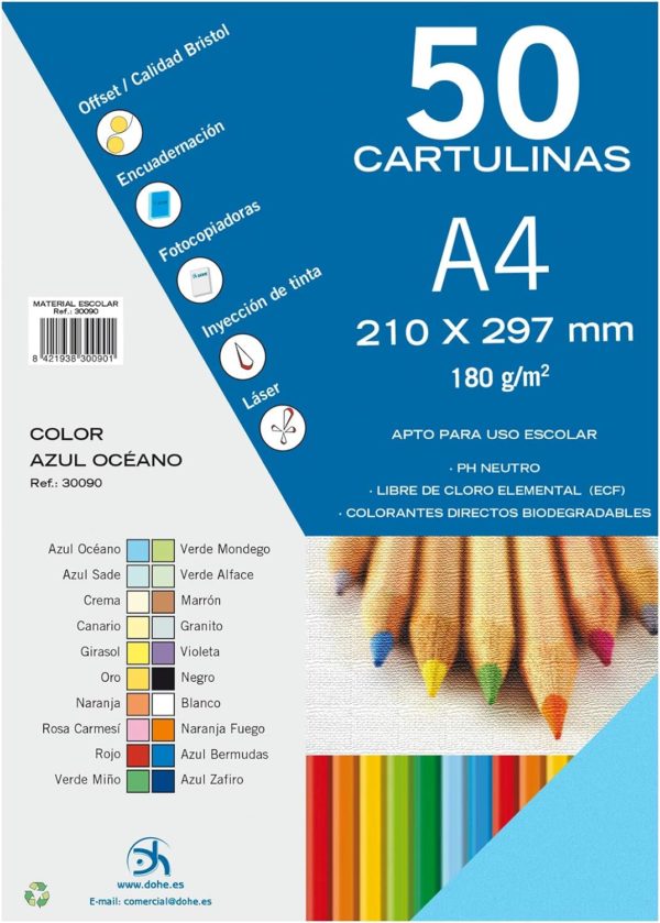 Dohe Pack de 50 Cartulinas A4 180 g/m² - Aptas para Impresion - PH Neutro - Libres de Cloro Elemental - Color Azul Oceano