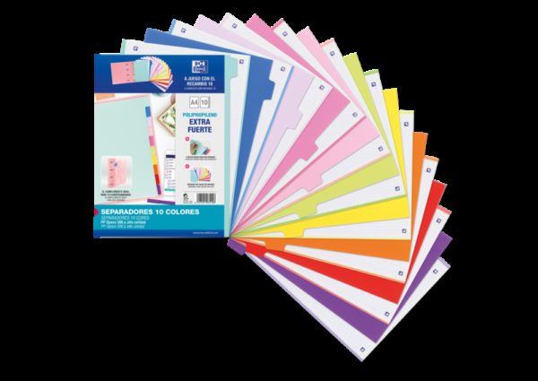 Oxford Strongline A4 Separadores - 10 Posiciones - Colores Diferentes - 4 Taladros - Plastico Opaco - 500 Micras