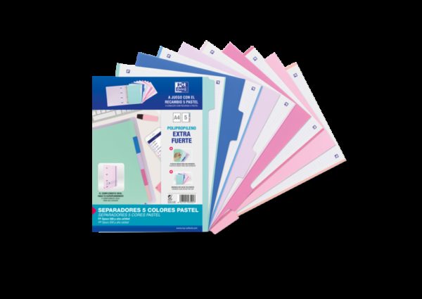Oxford Strongline A4 Separadores 5 Posiciones - Plastico Opaco Resistente - 4 Taladros para Facil Colocacion - Grosor de 500 Micras - Tamaño Estandar A4 - Colores Surtidos