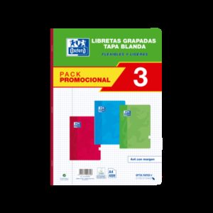 Oxford School Classic Pack 3 - Libreta Grapada A4 - Tapa Blanda - 4x4 con Margen - 48 Hojas - 3 Colores