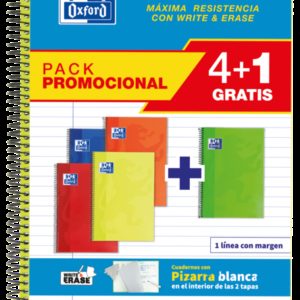 Oxford School Classic Write&Erase Pack 4+1 Fº - Cuaderno Espiral - Tapa Extradura - 1 Linea con Margen - 80 Hojas - Colores Surtidos