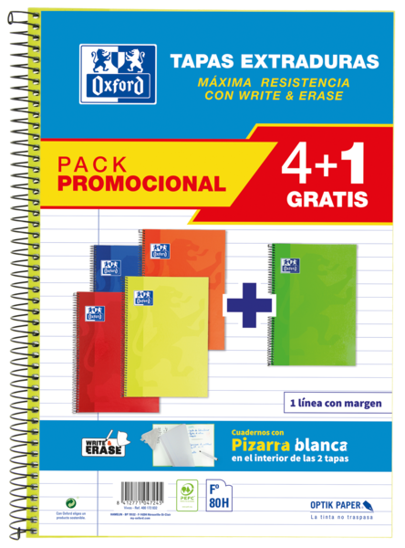 Oxford School Classic Write&Erase Pack 4+1 Fº - Cuaderno Espiral - Tapa Extradura - 1 Linea con Margen - 80 Hojas - Colores Surtidos