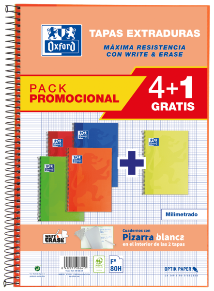 Oxford School Classic Write&Erase Pack 4+1 Fº - Cuaderno Espiral Tapa Extradura - Milimetrado con Margen - 80 Hojas - Colores Surtidos