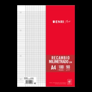 Enri Plus 90gr A4 Recambio Milimetrado - Papel de 90gr - Formato A4 - con Margen - 4 Taladros - 100 Hojas