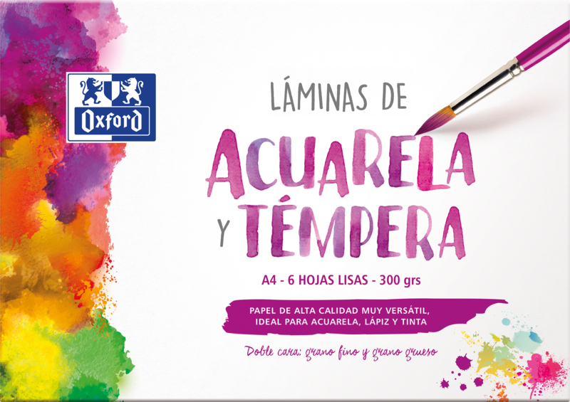 Oxford Pintura Escolar Sobre de Laminas de Acuarela y Tempera A4 - 6 Hojas de 300gr - Ideal para Proyectos Escolares - Superficie Lisa para un Acabado Profesional