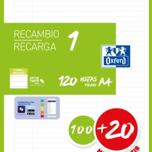 Oxford School A4 Recambio - 1 Linea - 100+20 Hojas - Color Verde