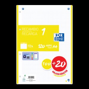 Oxford School A4 Recambio - 5x5 - 100+20 Hojas - Color Amarillo