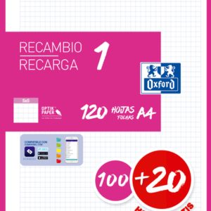 Oxford School A4 Recambio - 5x5 - 100+20 Hojas - Color Fucsia