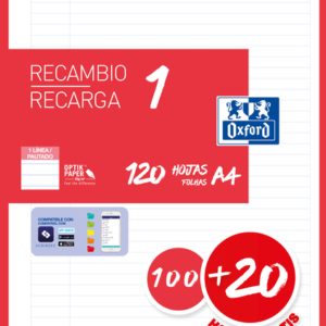 Oxford School A4 Recambio - 1 Linea - 100+20 Hojas - Color Rojo