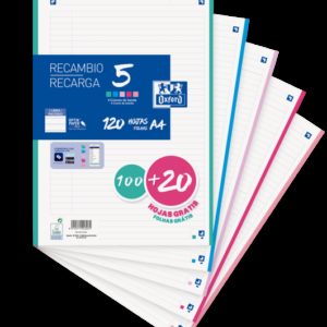 Oxford School Pack de 5 A4 Recambio - 1 Linea Promocion - 100+20 Hojas - Colores Surtidos