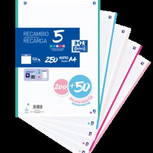 Oxford School Pack de 5 A4 Recambio - 200+50 Hojas - Colores Surtidos