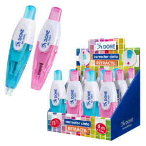 Dohe Expositor de 12 Correctores de Cinta Retractiles - Colores Rosa y Azul - Cuerpo Traslucido