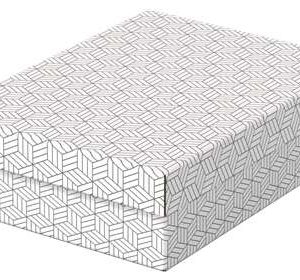 Esselte Pack de 3 Cajas Medianas de Almacenamiento con Tapa 265x100x360mm - Carton 100% Reciclado y Reciclable - Diseño Blanco con Dibujo