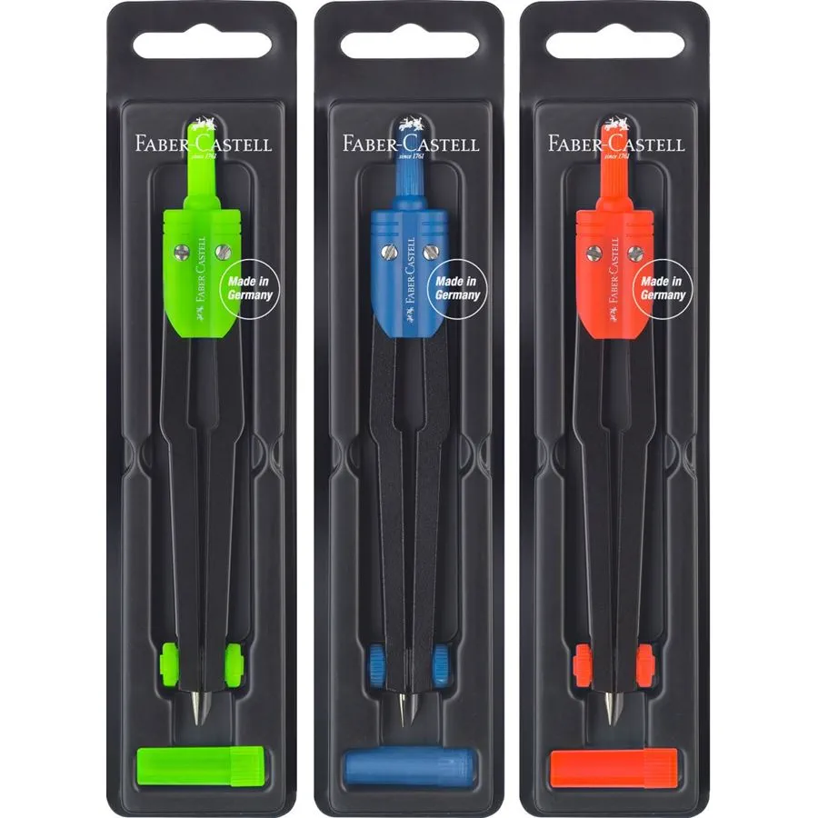 Faber-Castell Compas Escolar - Circunferencias de hasta Ø 360mm - Incluye Bote de Minas - Colores Surtidos