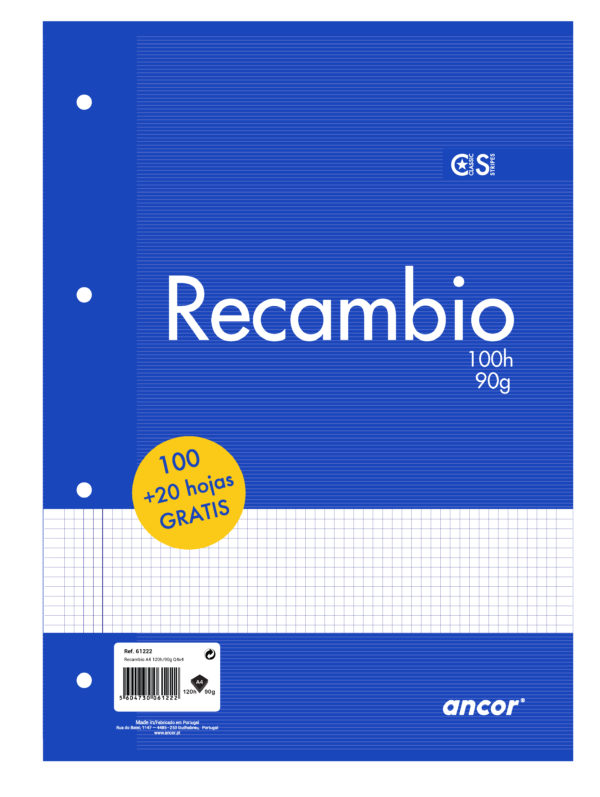 Ancor Recambio de 120 Hojas 90gr Tamaño A4 Cuadriculado 4x4mm - 4 Taladros