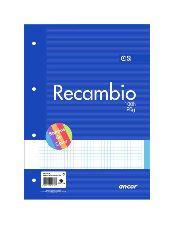 Ancor Recambio de 100 Hojas 90gr Tamaño A4 Cuadriculado 4x4mm - 4 Taladros - Bandas de Color